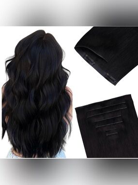 18” Jet Black Invisi Edge Clip in Human Hair Extensions 130g 7Pcs #TF9